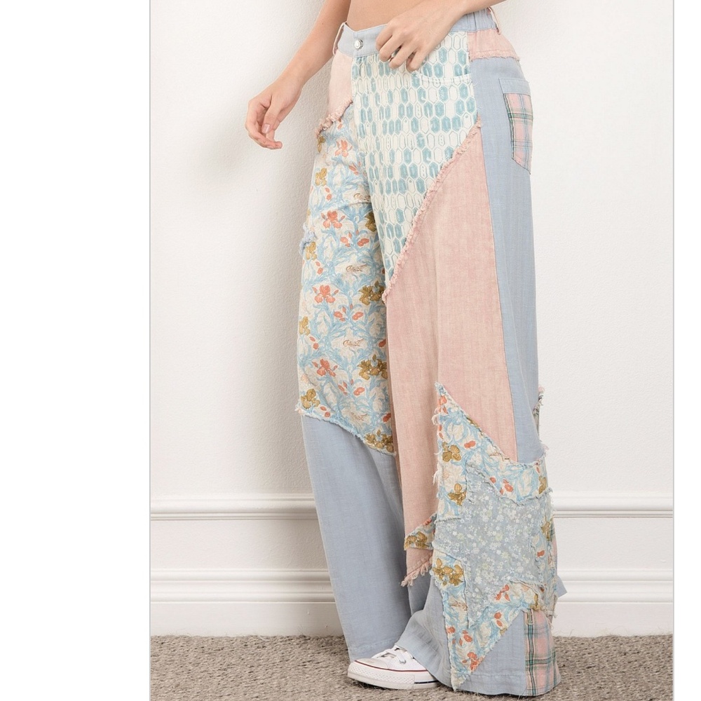 Patchwork Wide Leg Pants in Pastel Pink & Blue - Picture 2 of 7